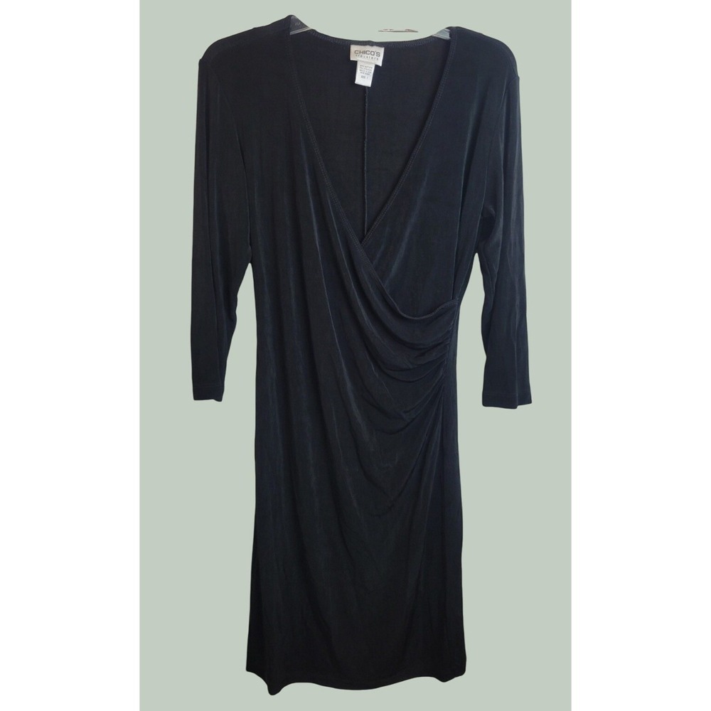 Chicos Travelers Faux Wrap Dress Elegant Minimalist Cocktail Black Size 1 (M)